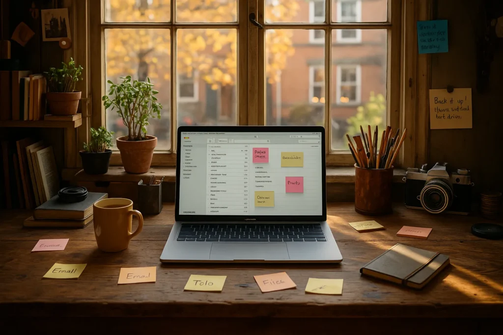 Organized computer desktop after digital decluttering.