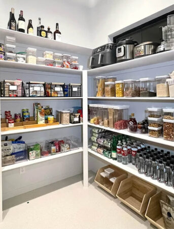 organized white pantry with clear bins