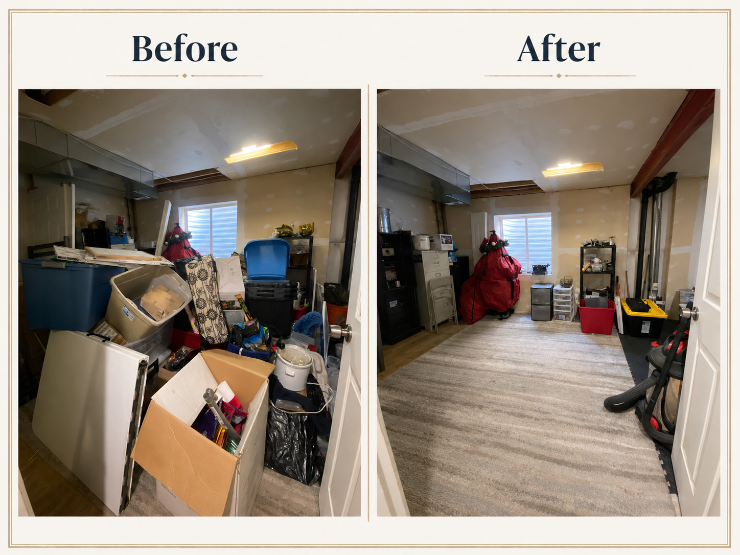 Images of before and after home organizing products.