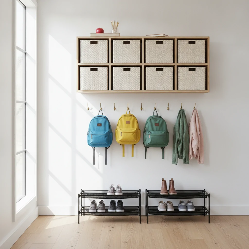 Organized entryway with labeled cubbies, hooks for backpacks, and shoe storage