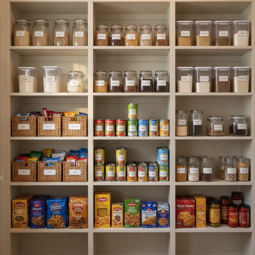 Well-organized pantry shelves with labeled containers, grouped food items, and clear storage bins