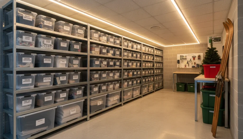 Well-organized basement with clear plastic bins on metal shelving, labeled storage zones, and elevated items off concrete floor